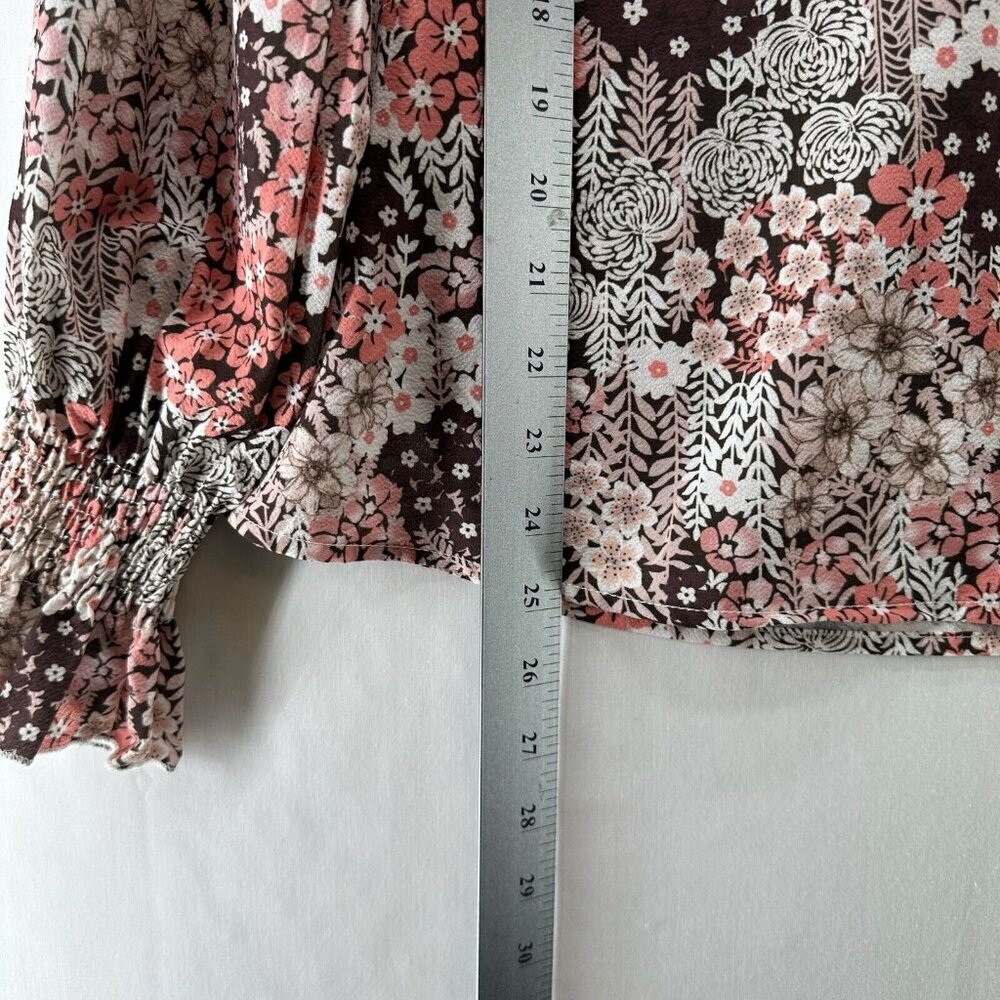 Simple Fun Top Womens Sz S Peasant Blouse Floral Tie Neck Long Sleeve Brown/Pink - Picture 11 of 11